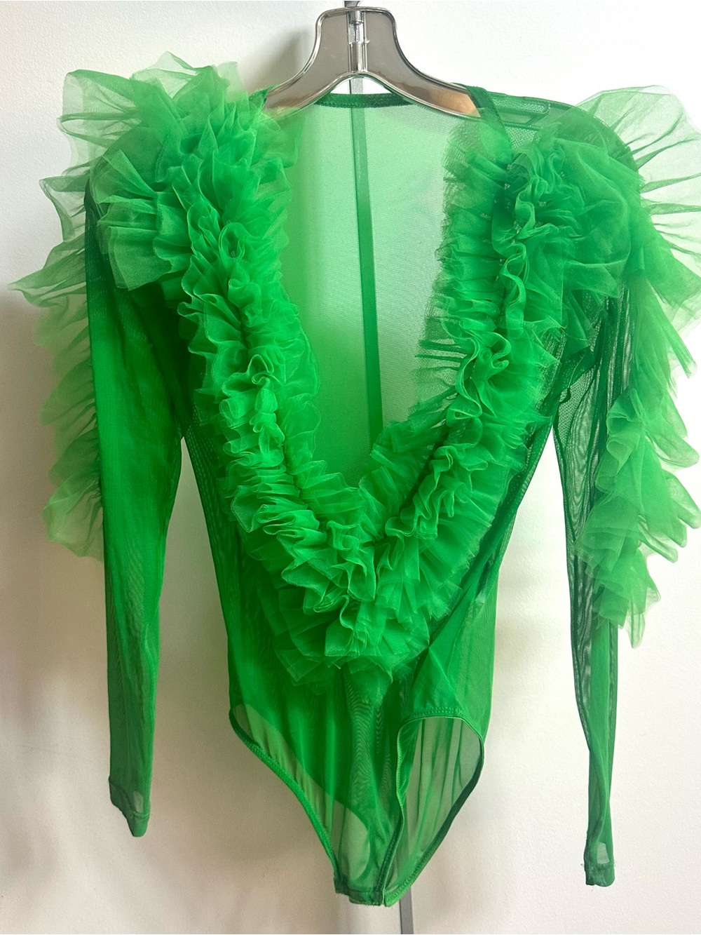 Green Ruffled Mesh V-Neck Bodysuit